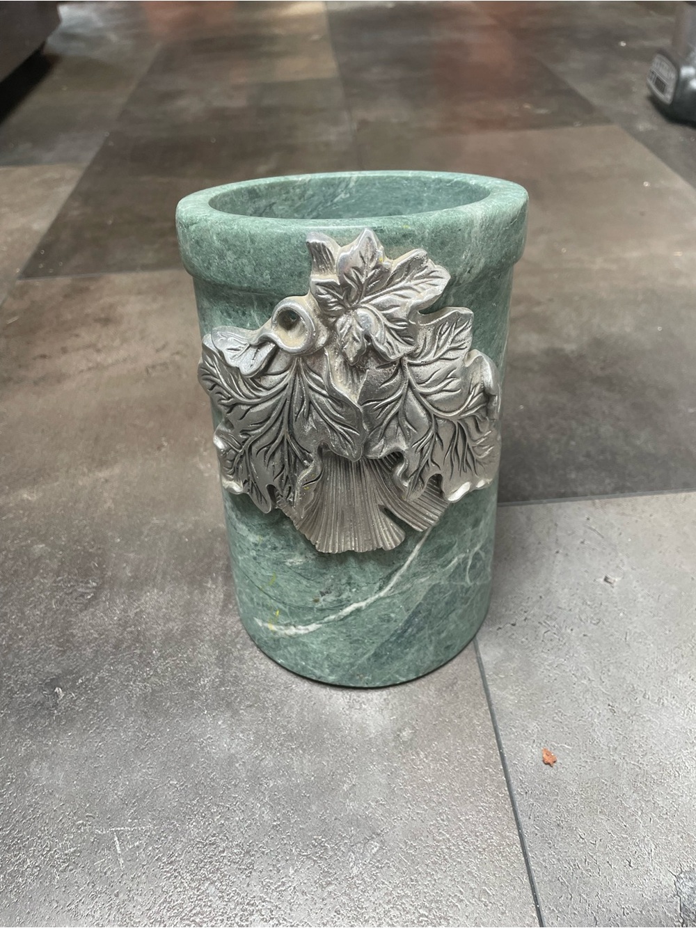 Decorative Green Marble wine bottle holder with Silver Leaf Accent